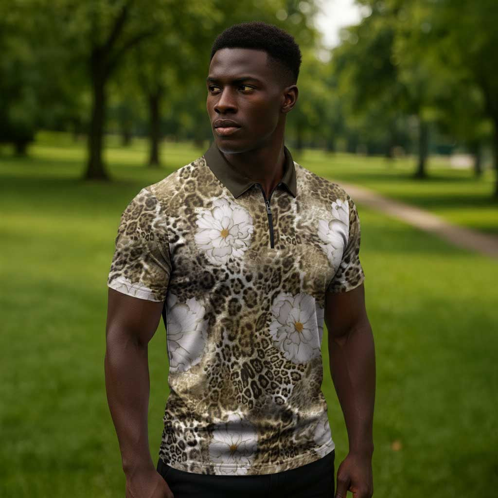 African Leopard Floral Pattern Zipper Polo Shirt Sahara Pearl
