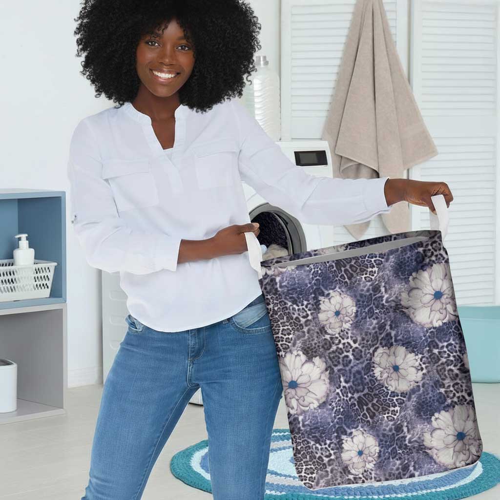 African Leopard Floral Pattern Laundry Basket Nile Indigo