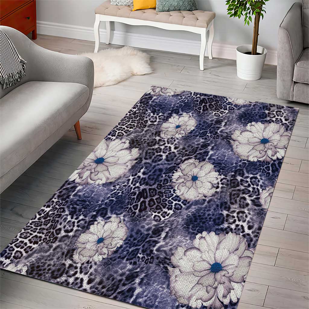 African Leopard Floral Pattern Area Rug Nile Indigo