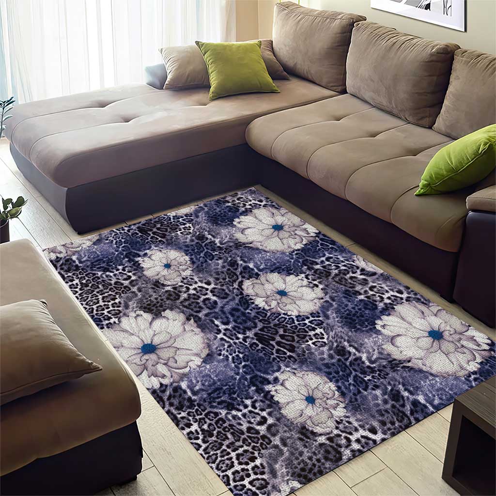 African Leopard Floral Pattern Area Rug Nile Indigo