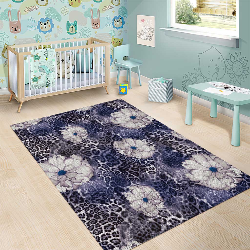 African Leopard Floral Pattern Area Rug Nile Indigo