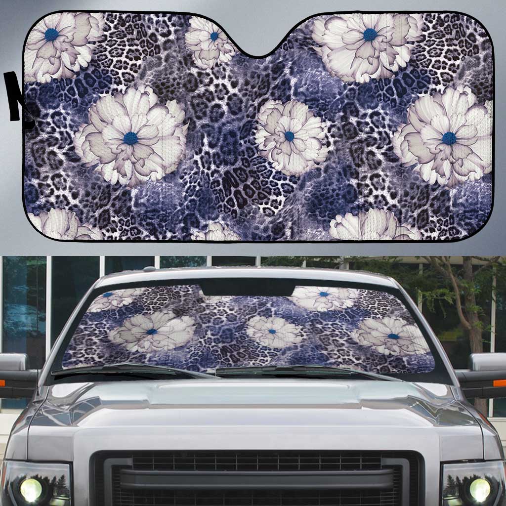 African Leopard Floral Pattern Auto Sun Shade Nile Indigo