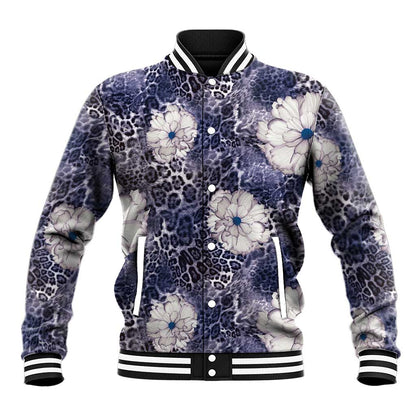 African Leopard Floral Pattern Baseball Jacket Nile Indigo
