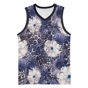 African Leopard Floral Pattern Basketball Jersey Nile Indigo