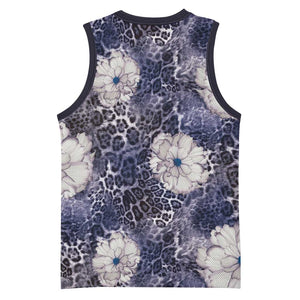 African Leopard Floral Pattern Basketball Jersey Nile Indigo
