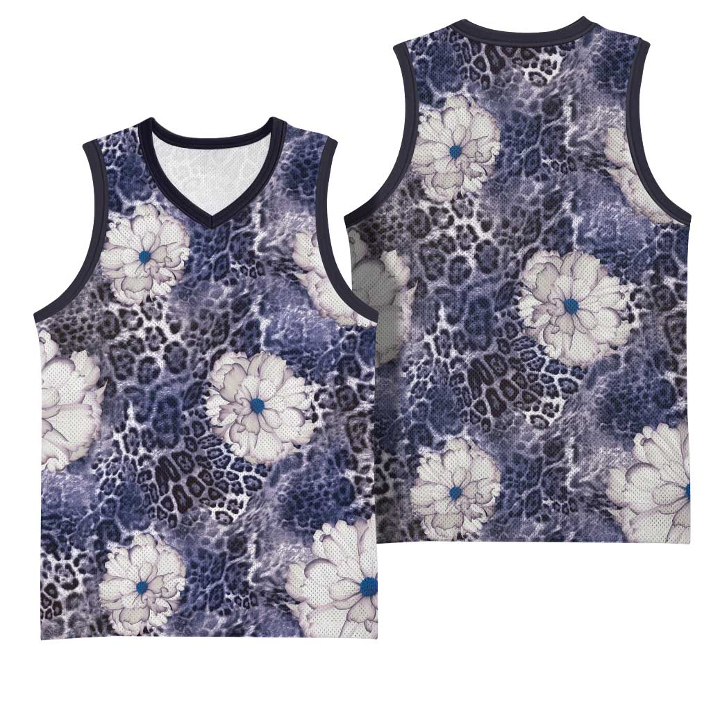 African Leopard Floral Pattern Basketball Jersey Nile Indigo
