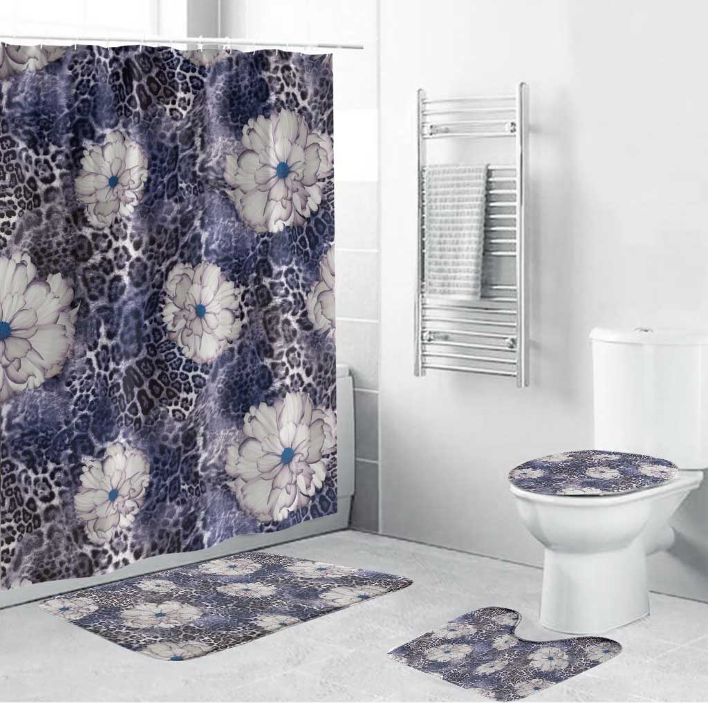 African Leopard Floral Pattern Bathroom Set Nile Indigo