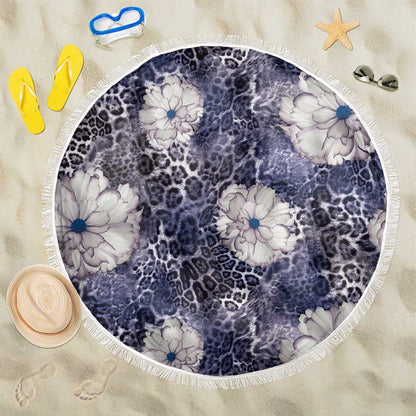 African Leopard Floral Pattern Beach Blanket Nile Indigo