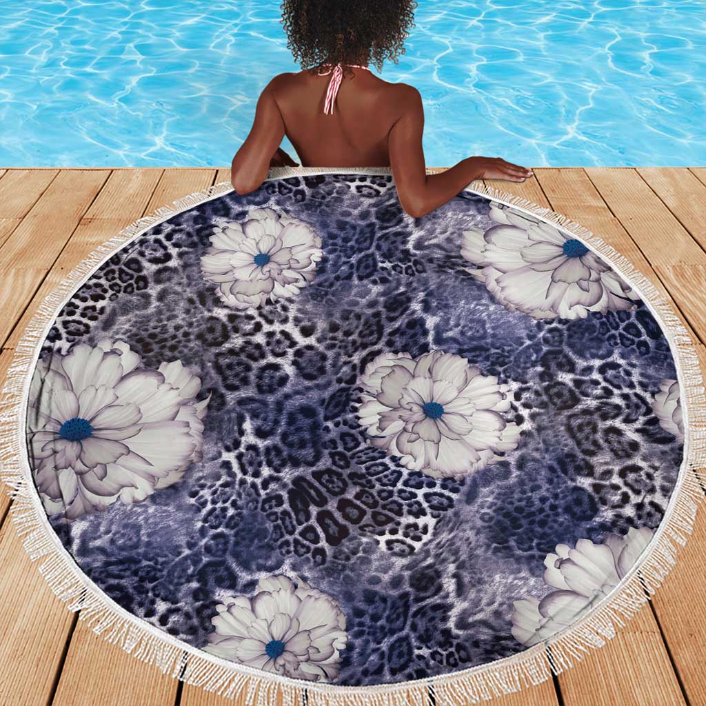 African Leopard Floral Pattern Beach Blanket Nile Indigo
