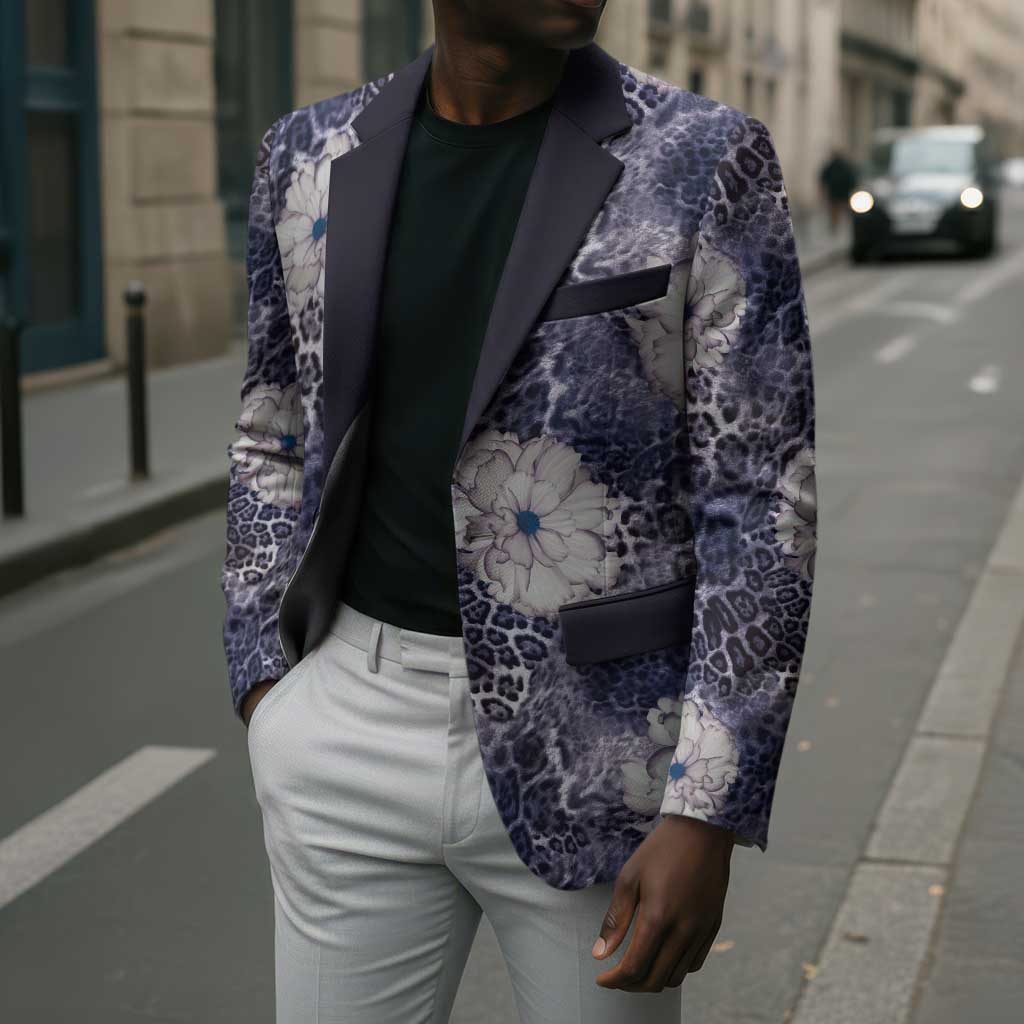 African Leopard Floral Pattern Blazer Nile Indigo