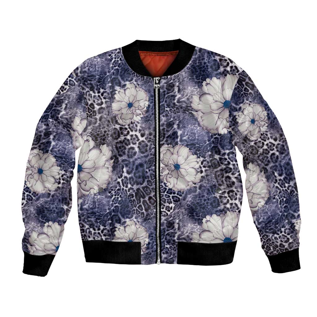 African Leopard Floral Pattern Bomber Jacket Nile Indigo