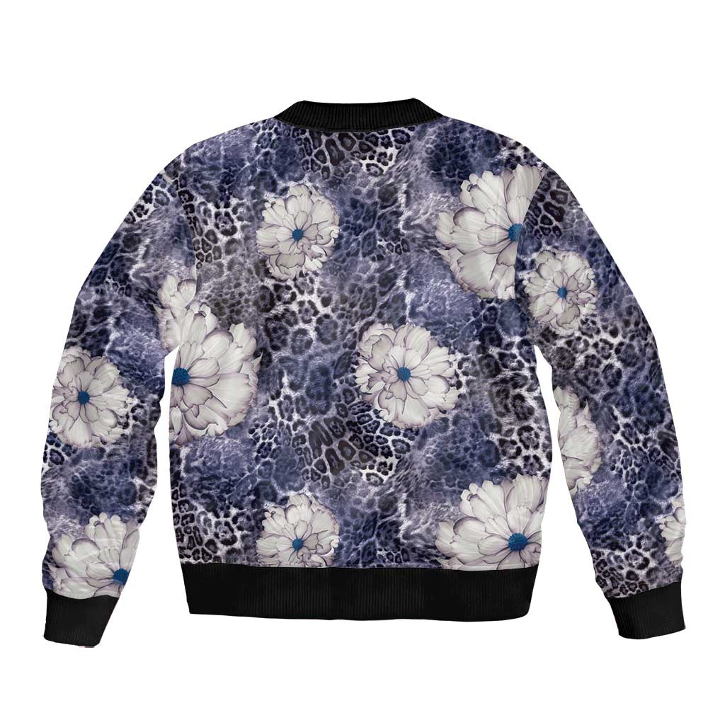 African Leopard Floral Pattern Bomber Jacket Nile Indigo