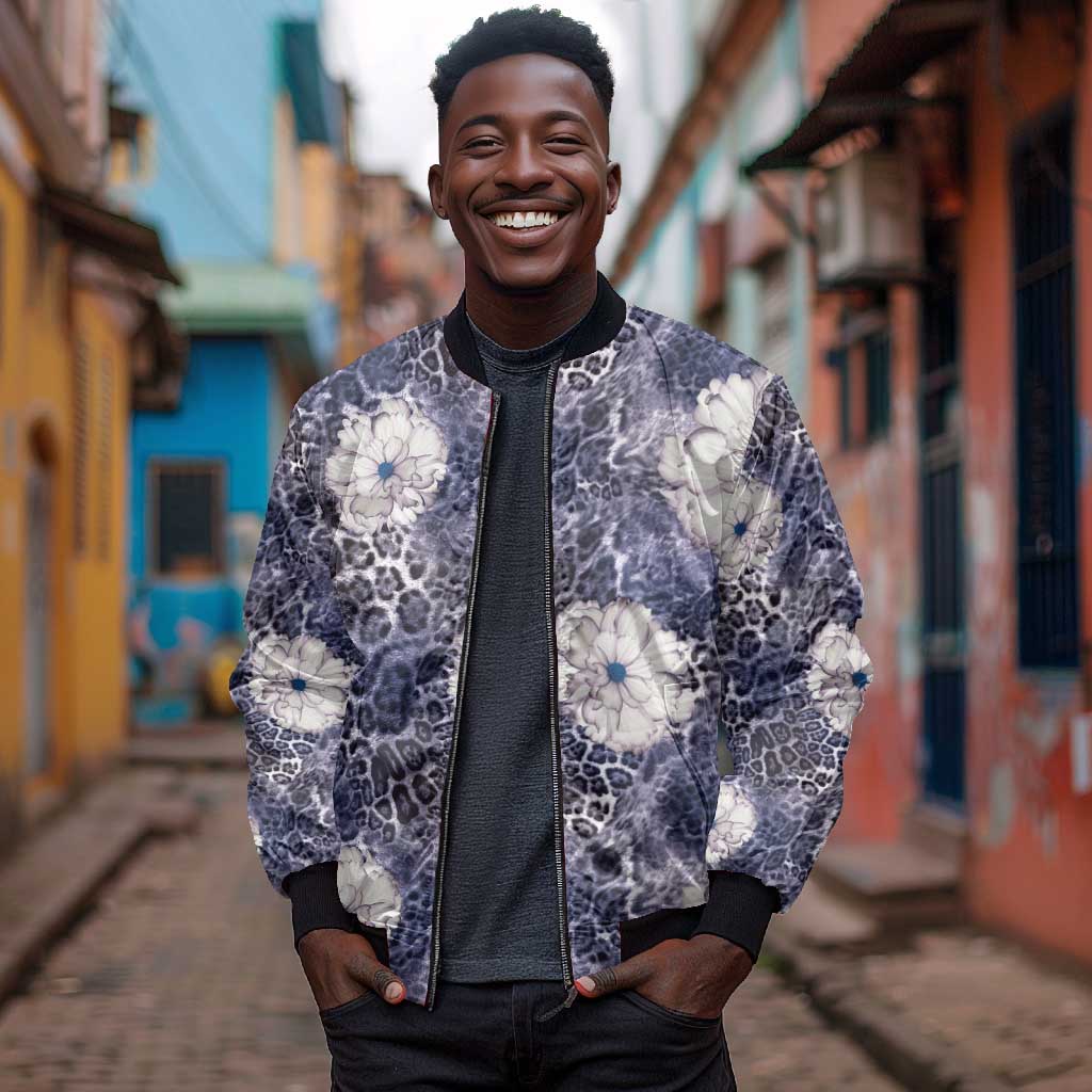 African Leopard Floral Pattern Bomber Jacket Nile Indigo