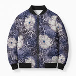 African Leopard Floral Pattern Bomber Puffer Jacket Nile Indigo