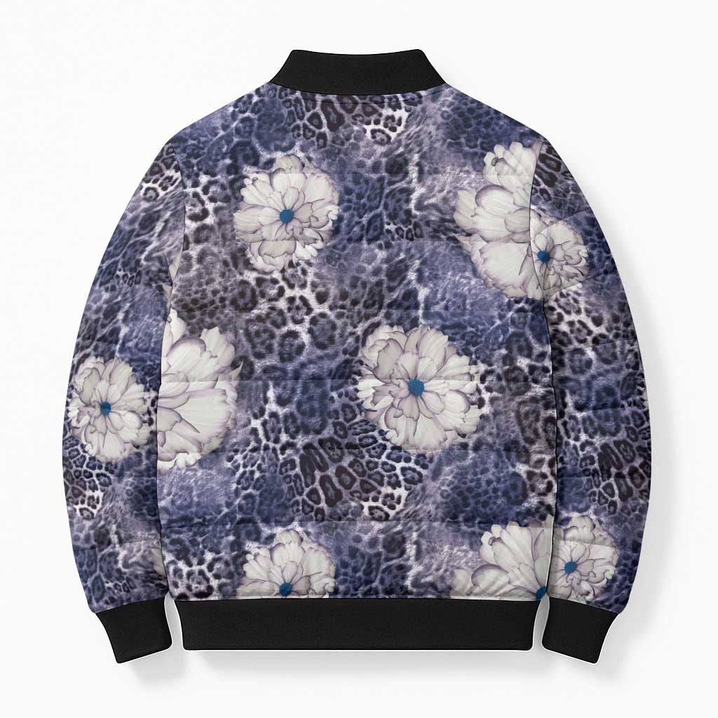 African Leopard Floral Pattern Bomber Puffer Jacket Nile Indigo