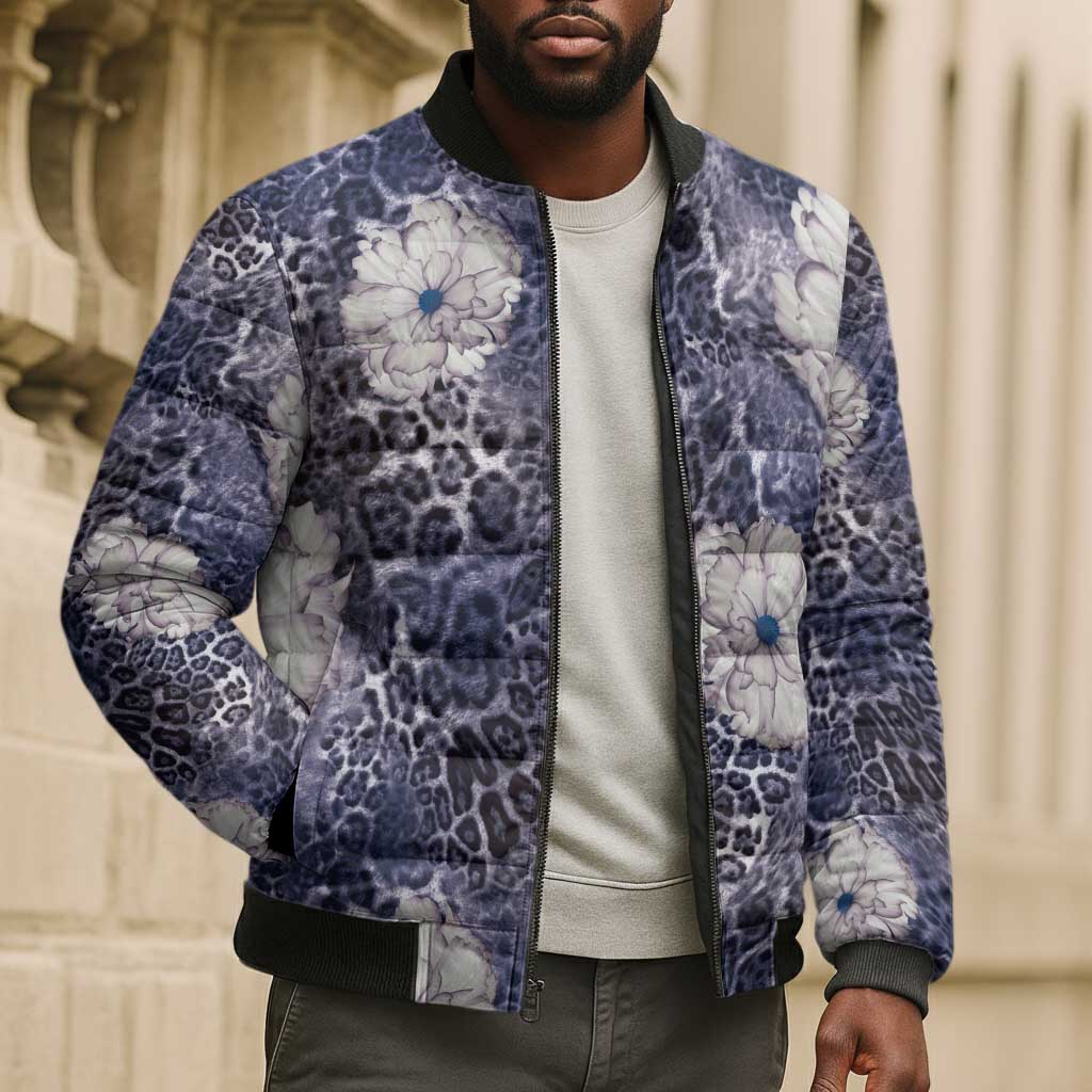 African Leopard Floral Pattern Bomber Puffer Jacket Nile Indigo