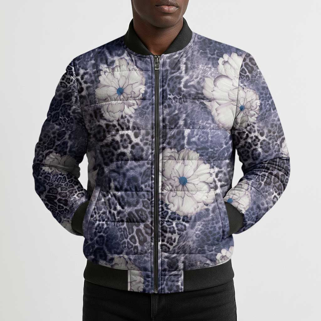 African Leopard Floral Pattern Bomber Puffer Jacket Nile Indigo