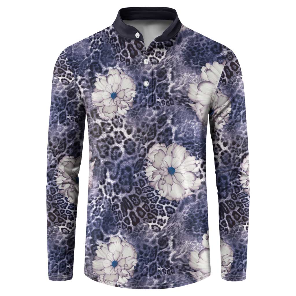 African Leopard Floral Pattern Button Sweatshirt Nile Indigo