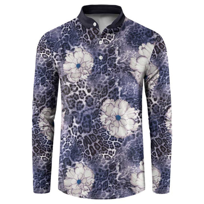 African Leopard Floral Pattern Button Sweatshirt Nile Indigo
