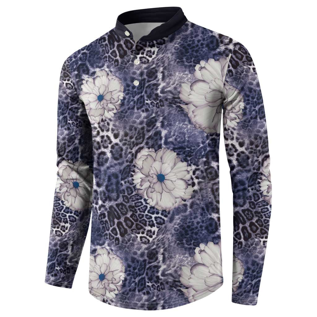 African Leopard Floral Pattern Button Sweatshirt Nile Indigo