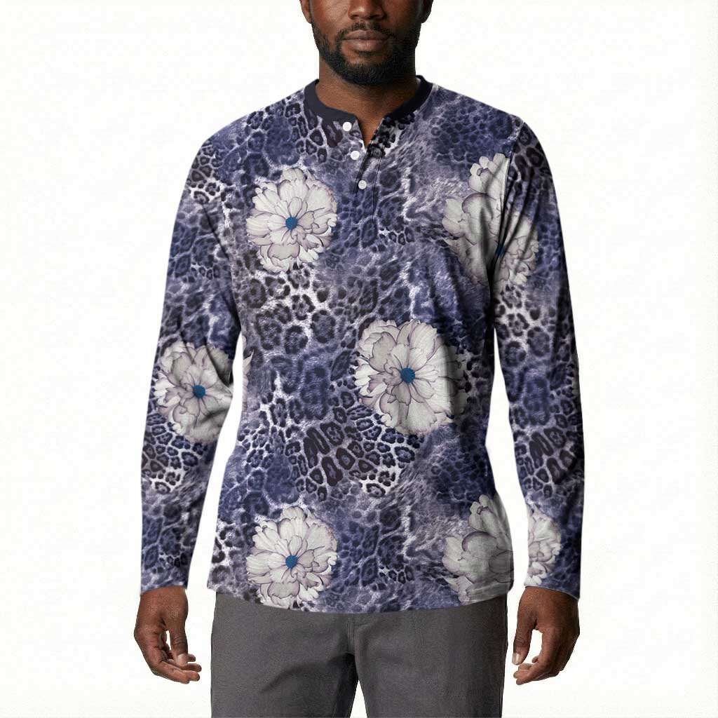 African Leopard Floral Pattern Button Sweatshirt Nile Indigo