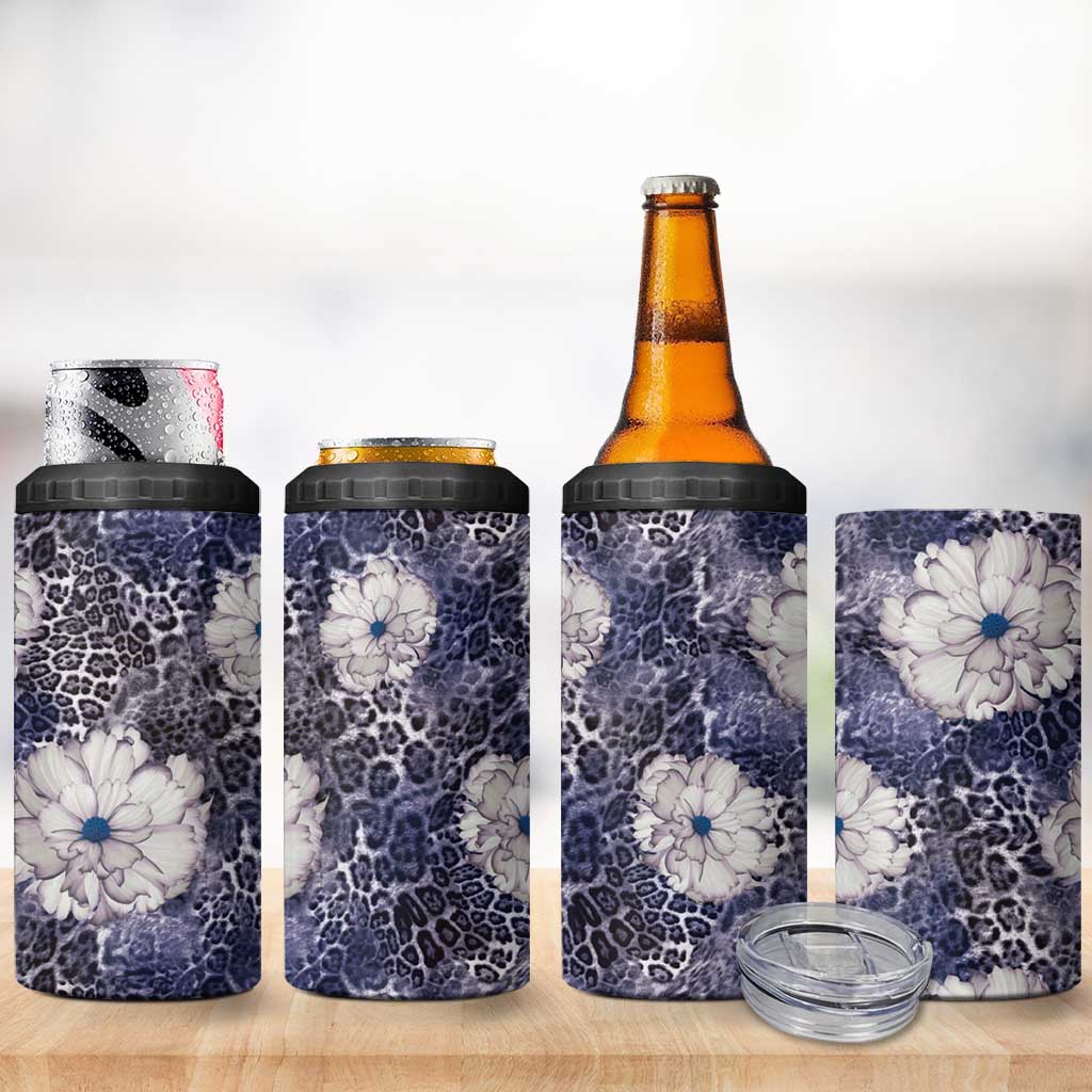 African Leopard Floral Pattern 4 in 1 Can Cooler Tumbler Nile Indigo