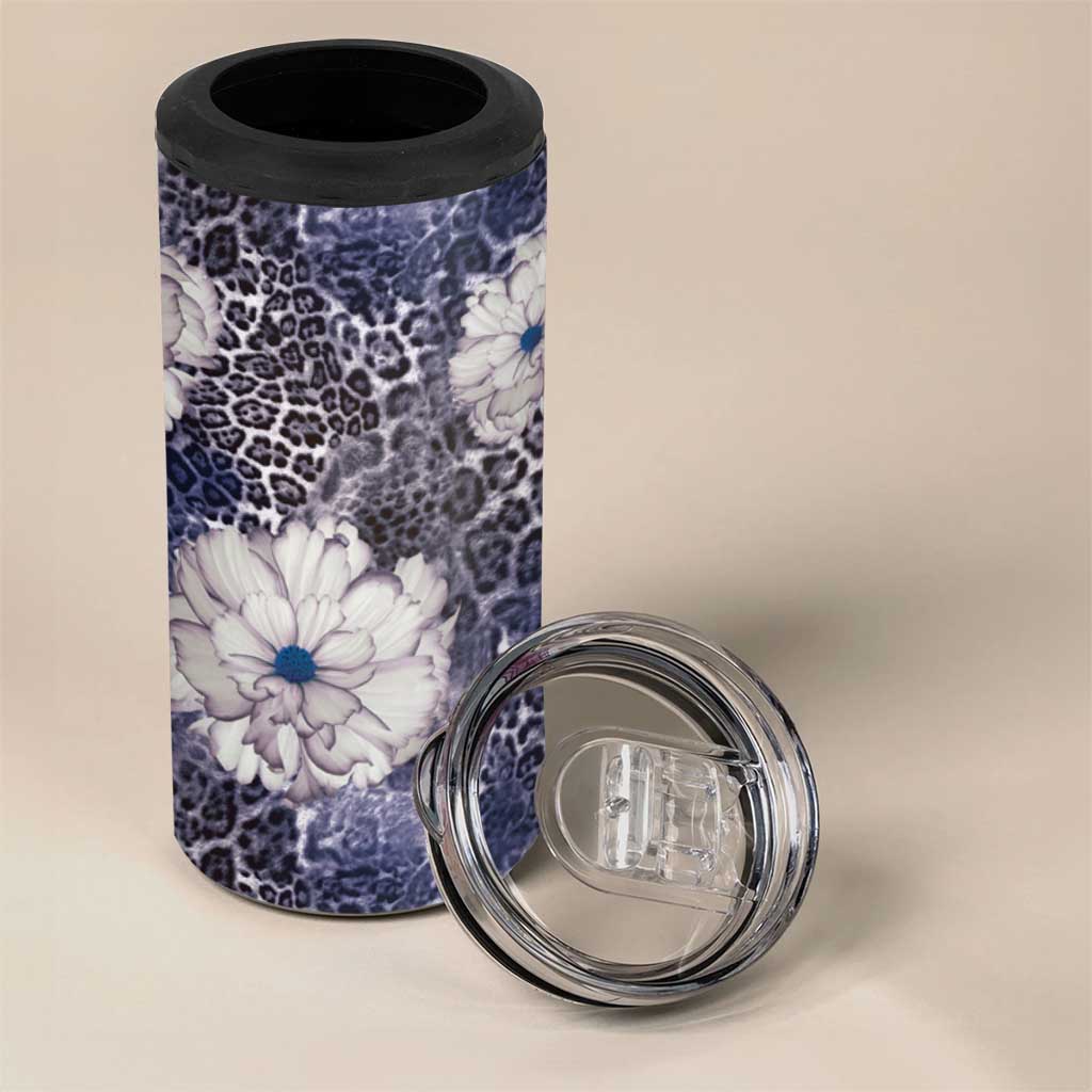 African Leopard Floral Pattern 4 in 1 Can Cooler Tumbler Nile Indigo