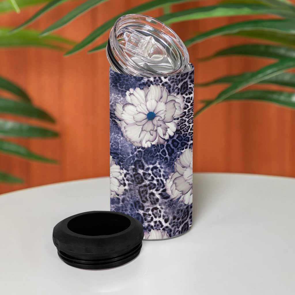 African Leopard Floral Pattern 4 in 1 Can Cooler Tumbler Nile Indigo