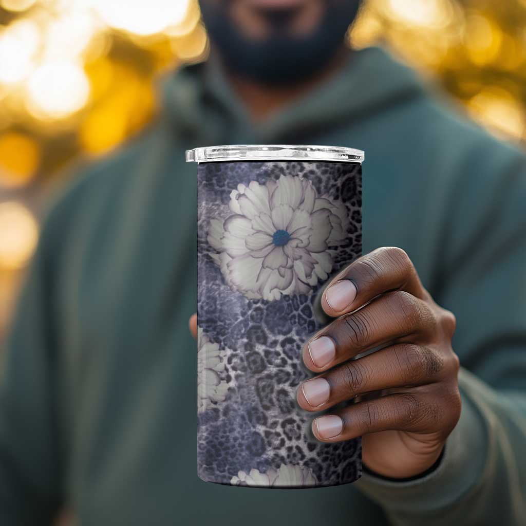 African Leopard Floral Pattern 4 in 1 Can Cooler Tumbler Nile Indigo