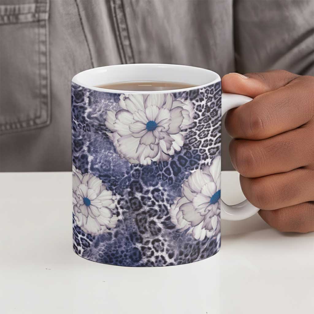 African Leopard Floral Pattern Ceramic Mug Nile Indigo