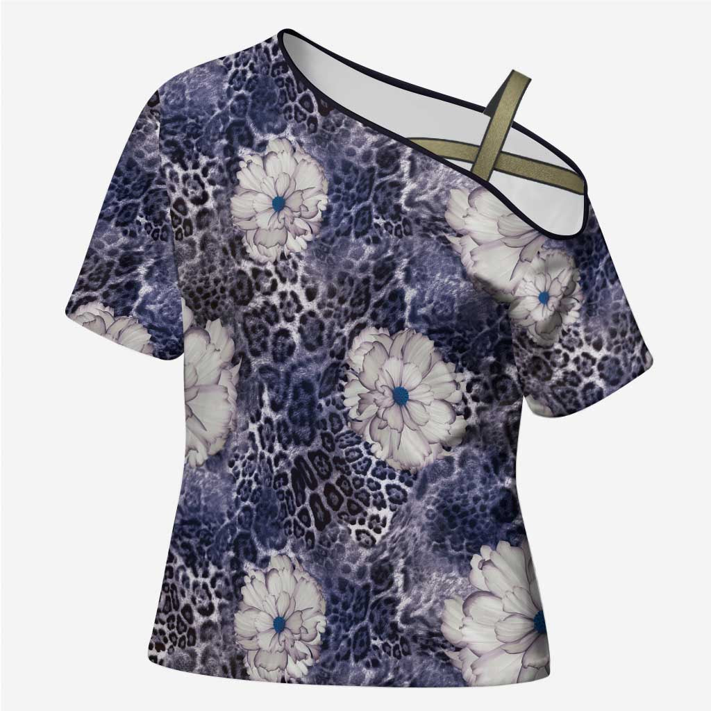 African Leopard Floral Pattern Cross Shoulder Shirt Nile Indigo
