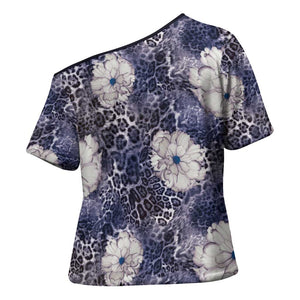 African Leopard Floral Pattern Cross Shoulder Shirt Nile Indigo