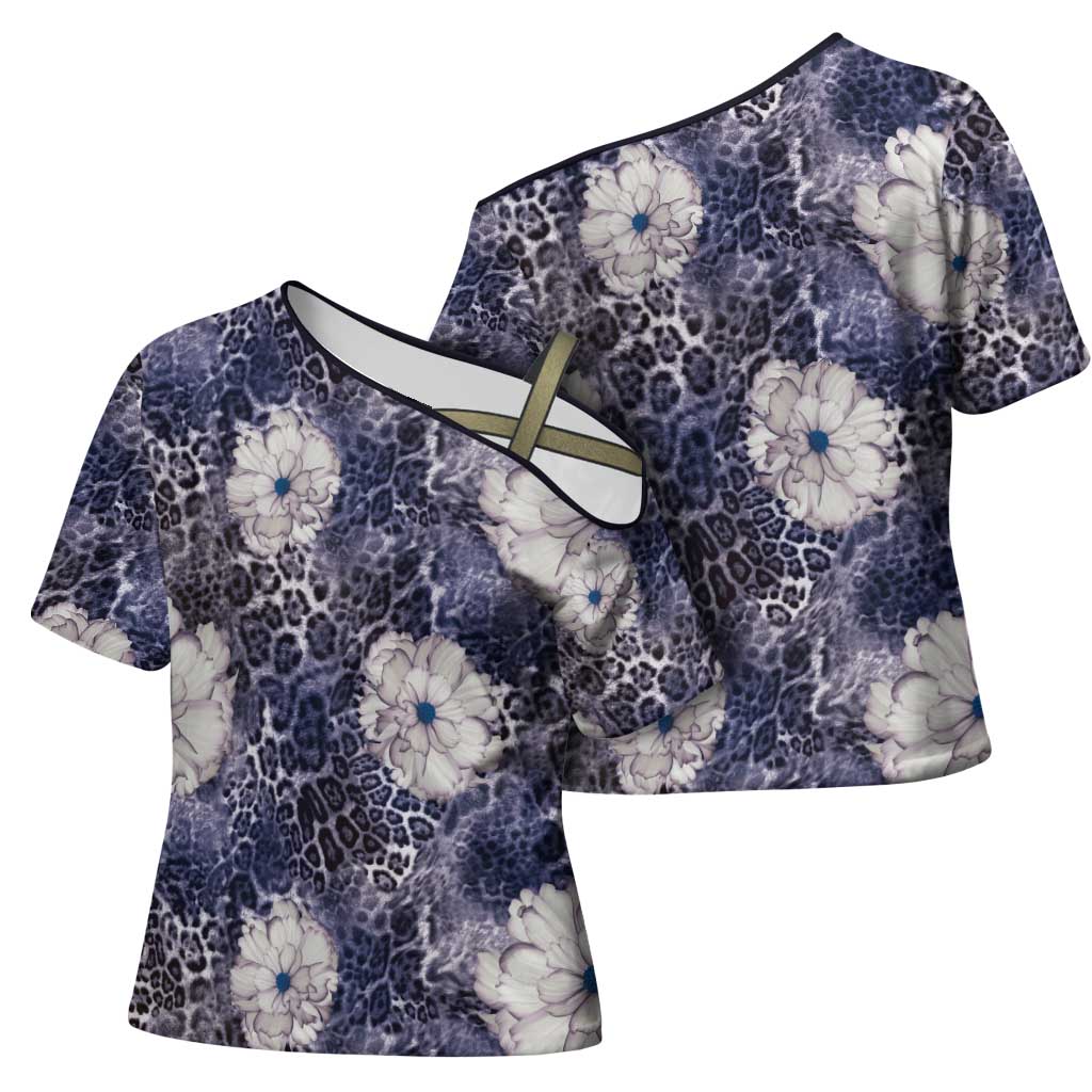 African Leopard Floral Pattern Cross Shoulder Shirt Nile Indigo