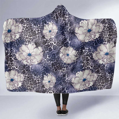 African Leopard Floral Pattern Hooded Blanket Nile Indigo