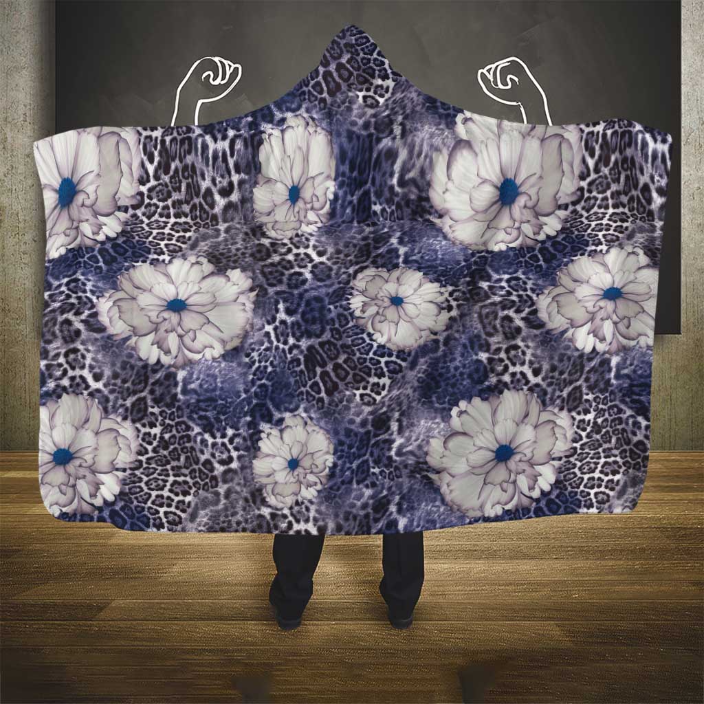 African Leopard Floral Pattern Hooded Blanket Nile Indigo