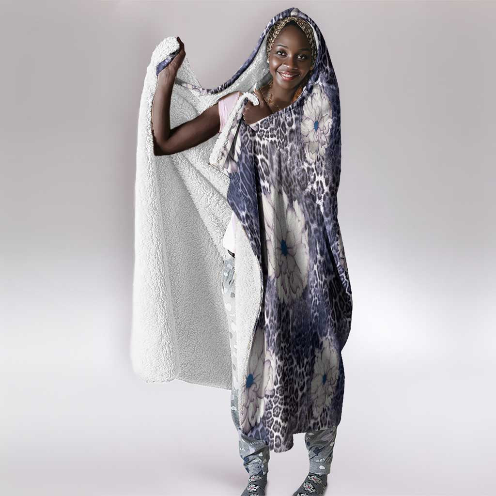 African Leopard Floral Pattern Hooded Blanket Nile Indigo