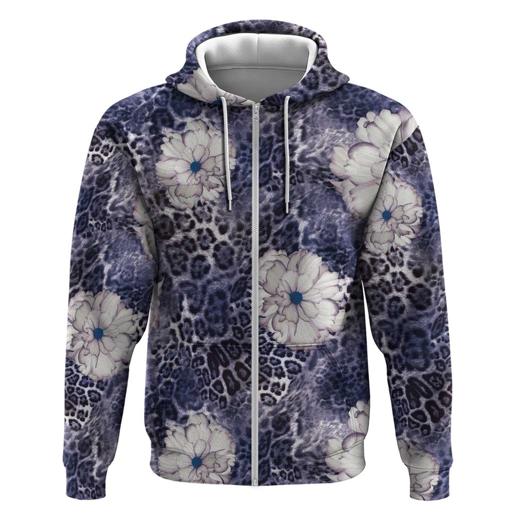 African Leopard Floral Pattern Hoodie Nile Indigo