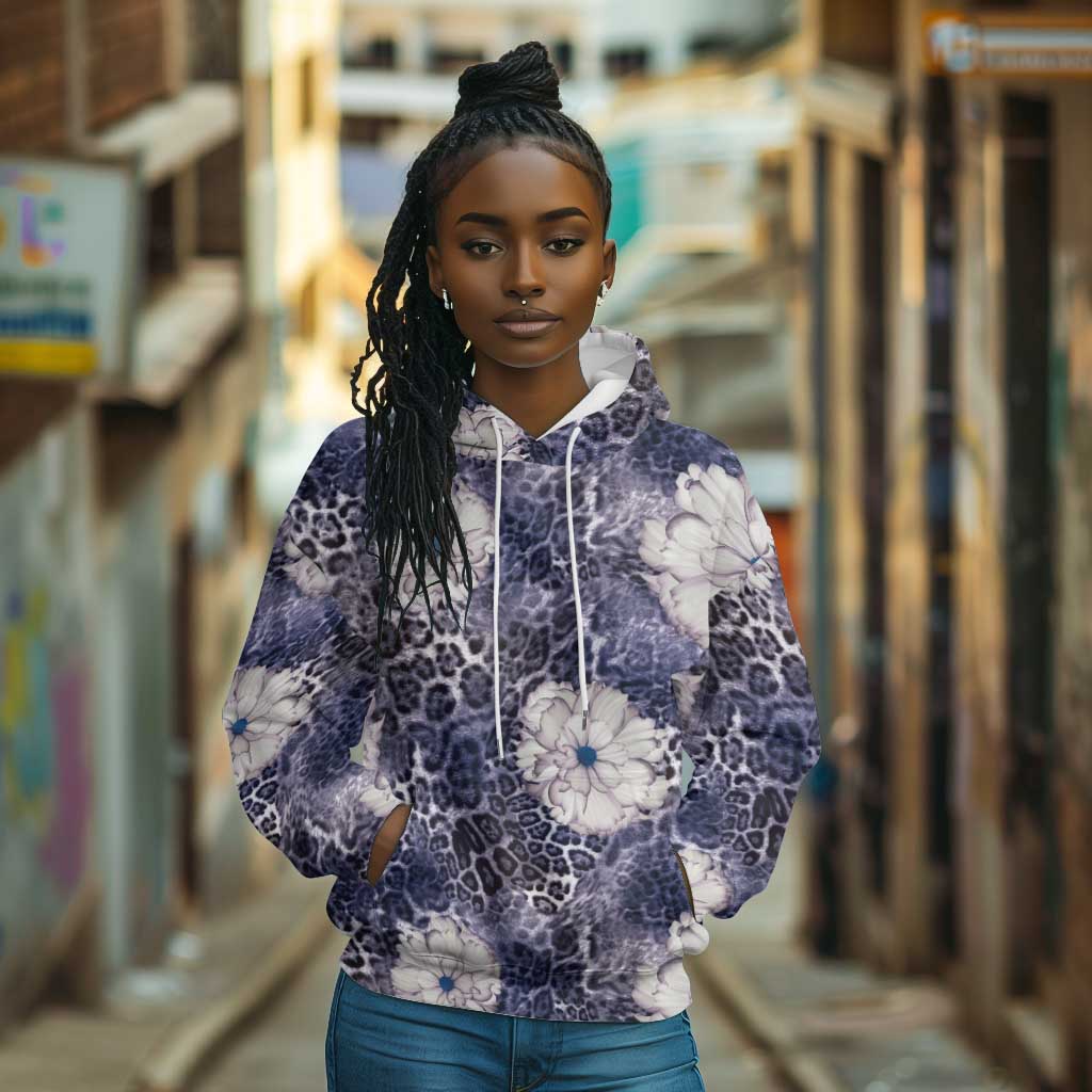 African Leopard Floral Pattern Hoodie Nile Indigo