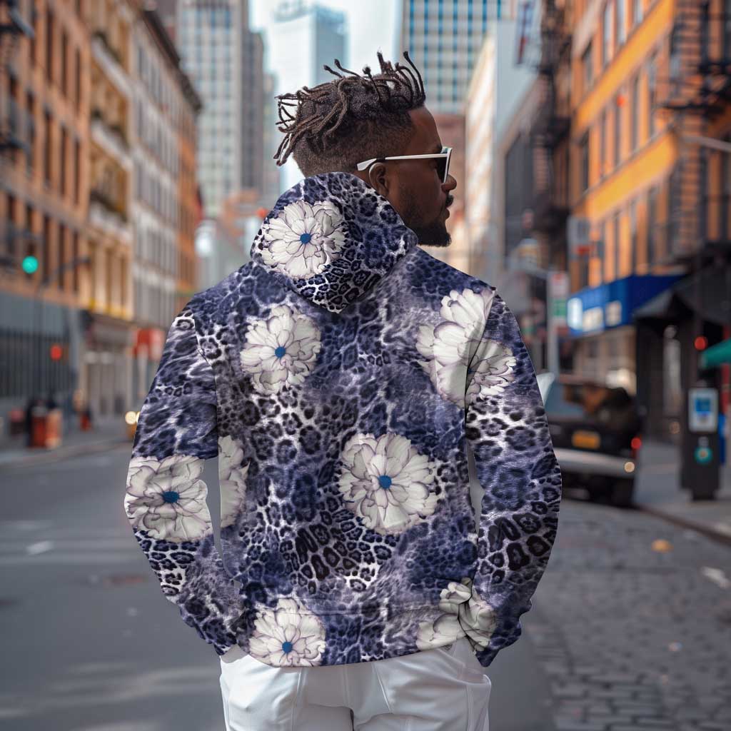 African Leopard Floral Pattern Hoodie Nile Indigo