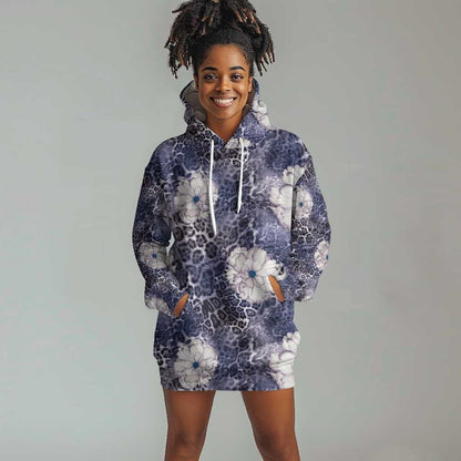 African Leopard Floral Pattern Hoodie Dress Nile Indigo