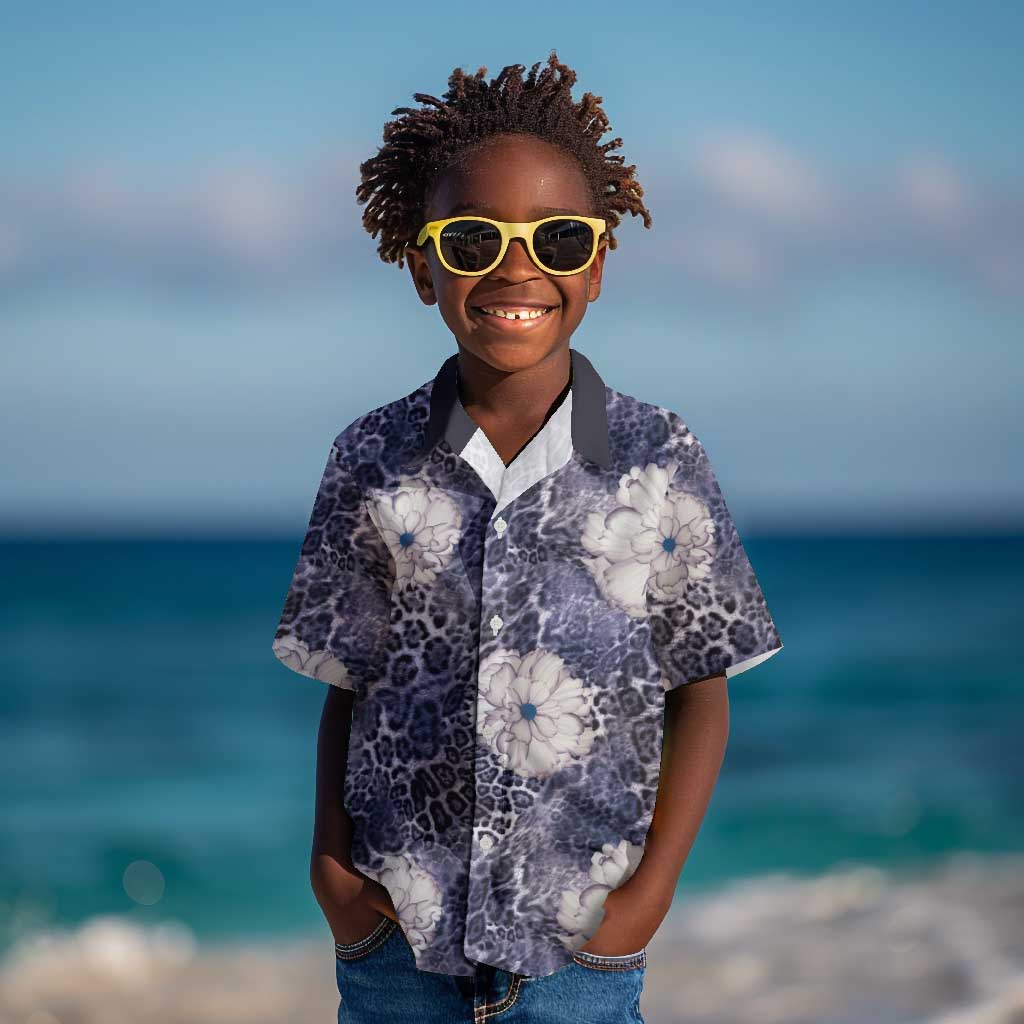 African Leopard Floral Pattern Kid Hawaiian Shirt Nile Indigo