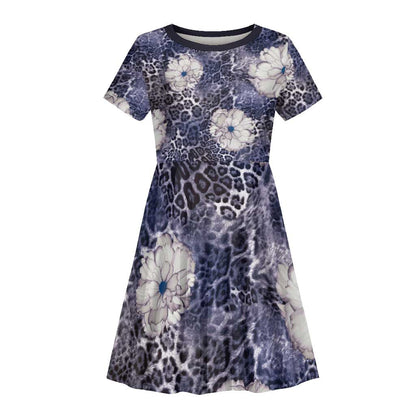 African Leopard Floral Pattern Kid Short Sleeve Dress Nile Indigo
