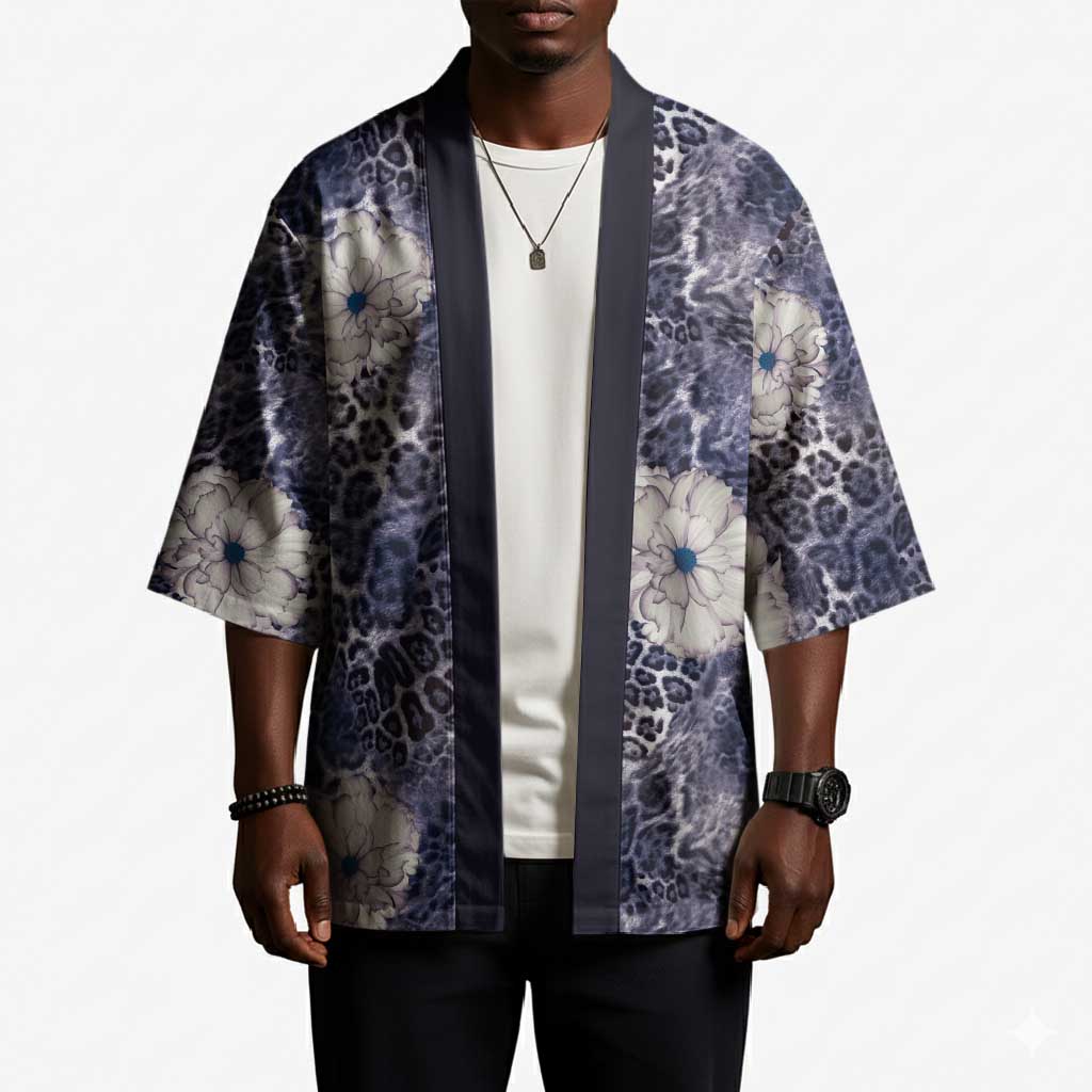 African Leopard Floral Pattern Kimono Nile Indigo