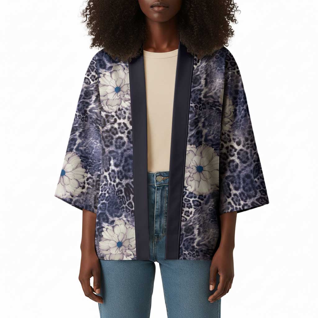 African Leopard Floral Pattern Kimono Nile Indigo