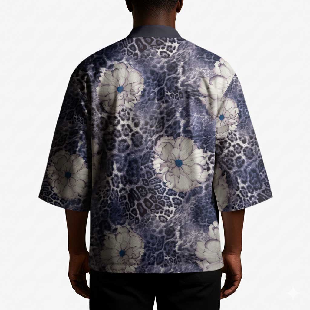 African Leopard Floral Pattern Kimono Nile Indigo