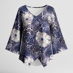 African Leopard Floral Pattern Kimono Sleeve Blouse Nile Indigo