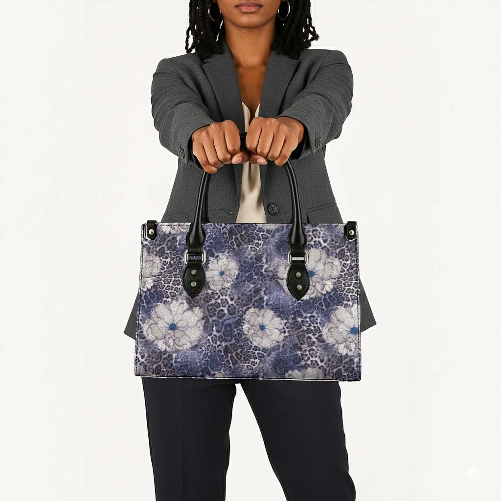 African Leopard Floral Pattern Leather Bag Nile Indigo