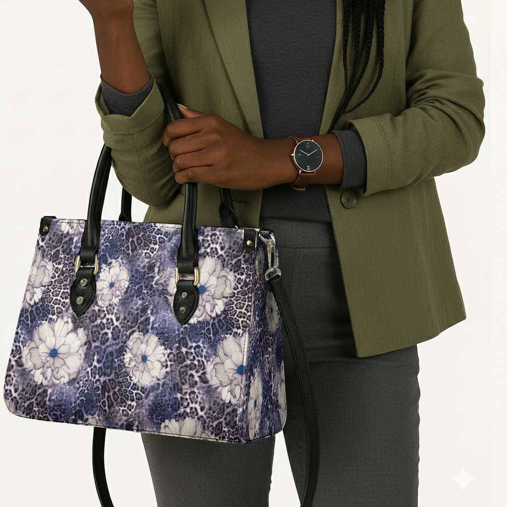 African Leopard Floral Pattern Leather Bag Nile Indigo