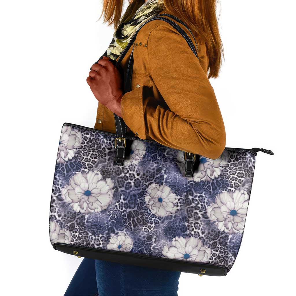 African Leopard Floral Pattern Leather Tote Bag Nile Indigo