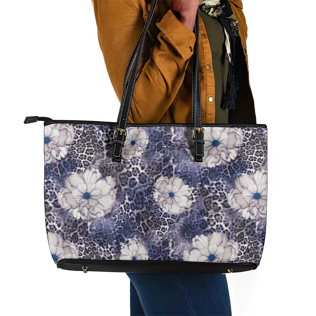 African Leopard Floral Pattern Leather Tote Bag Nile Indigo